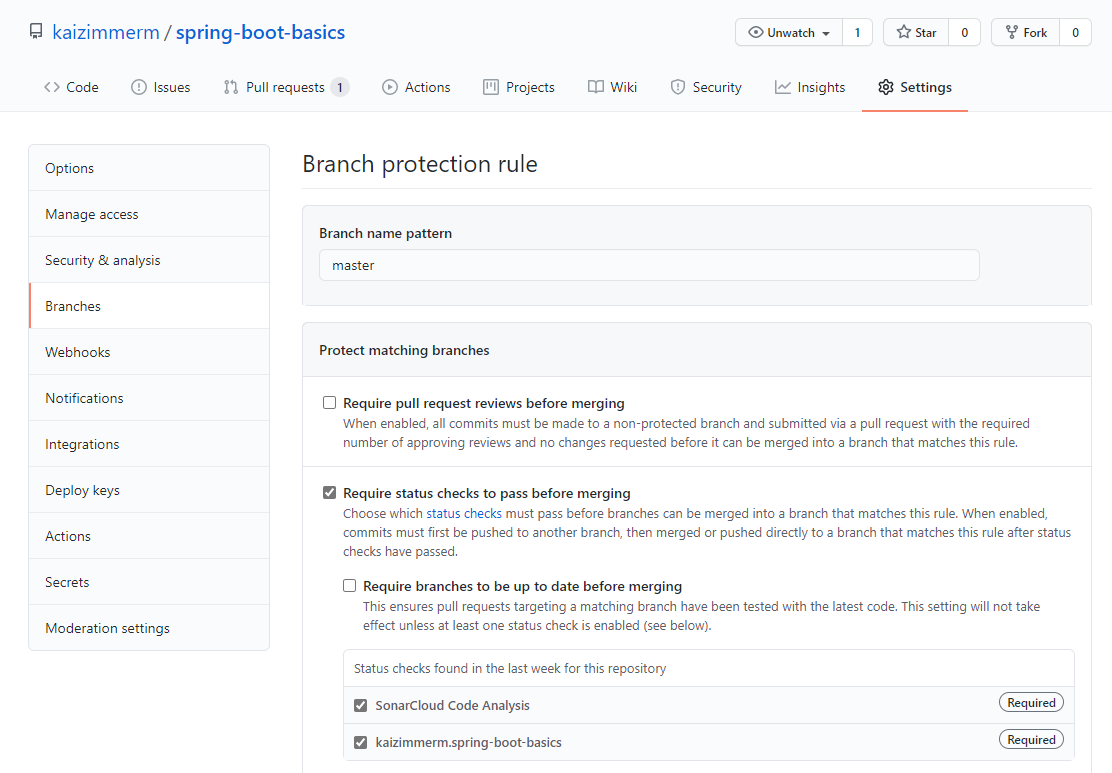 Configure the branch protection